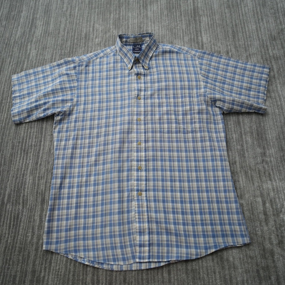 Cm and Company Shirt Men Button Down Blue Vintage Short Sleeve Plaid Large